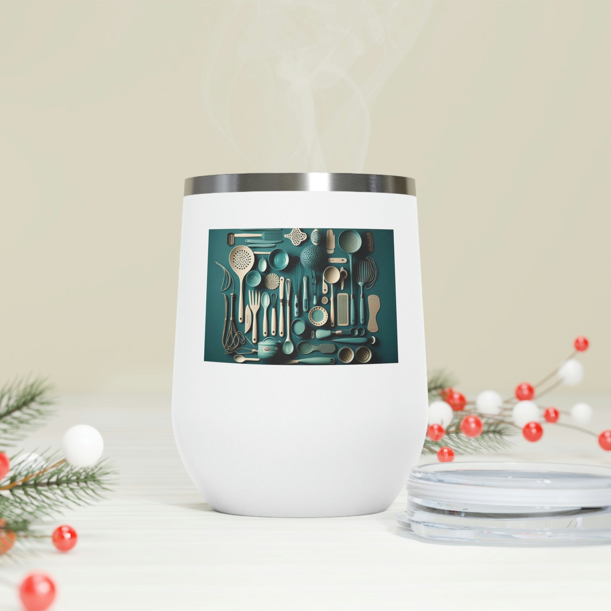 A stylish Kitchen Utensils Wine Tumbler made of stainless steel, featuring a clear plastic lid and double-wall insulation for hot and cold beverages.