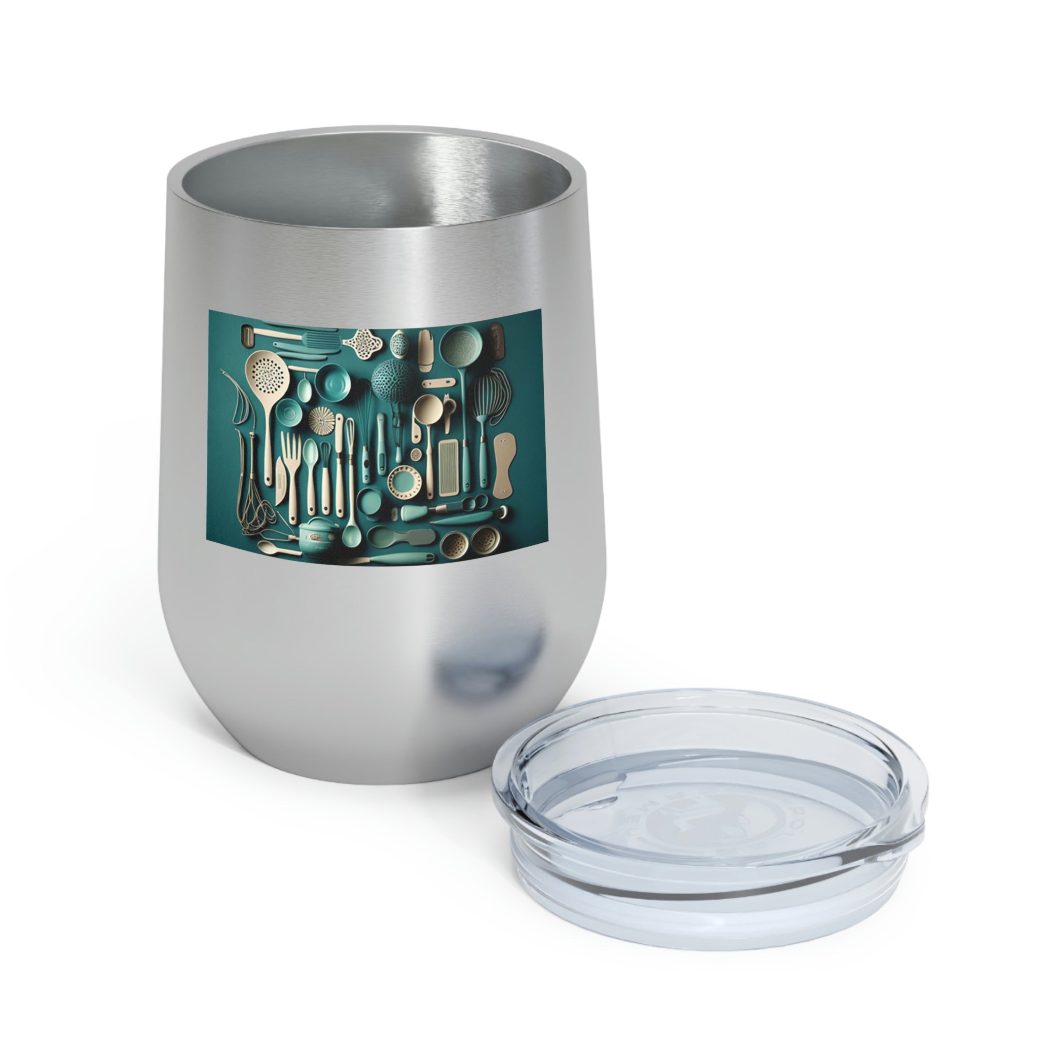 A stylish Kitchen Utensils Wine Tumbler made of stainless steel, featuring a clear plastic lid and double-wall insulation for hot and cold beverages.