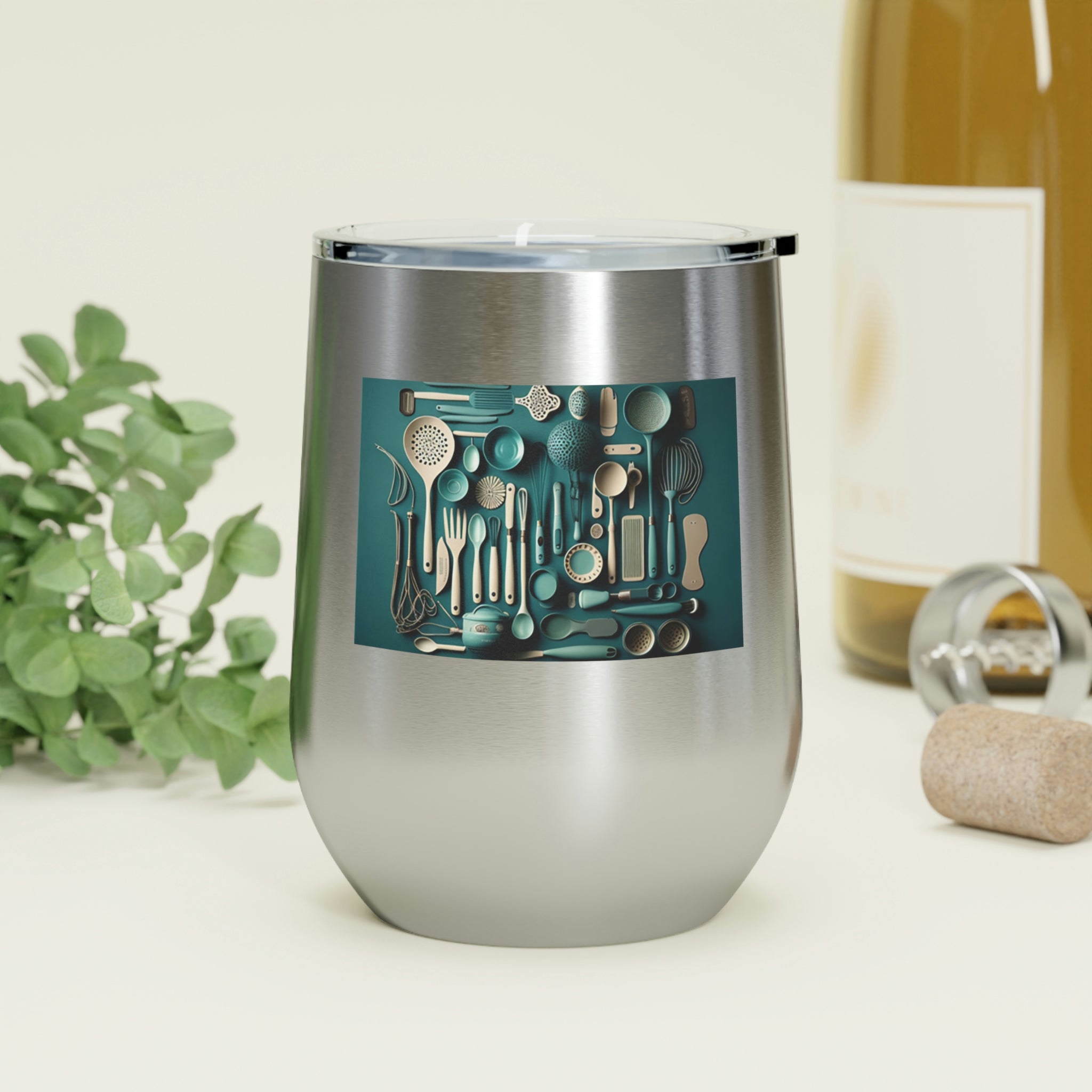 A stylish Kitchen Utensils Wine Tumbler made of stainless steel, featuring a clear plastic lid and double-wall insulation for hot and cold beverages.