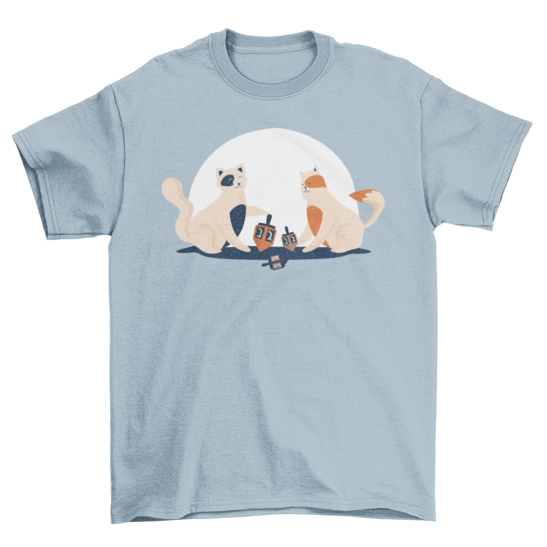 A playful T-shirt design featuring two cute kittens playing with colorful dreidels, perfect for cat lovers.