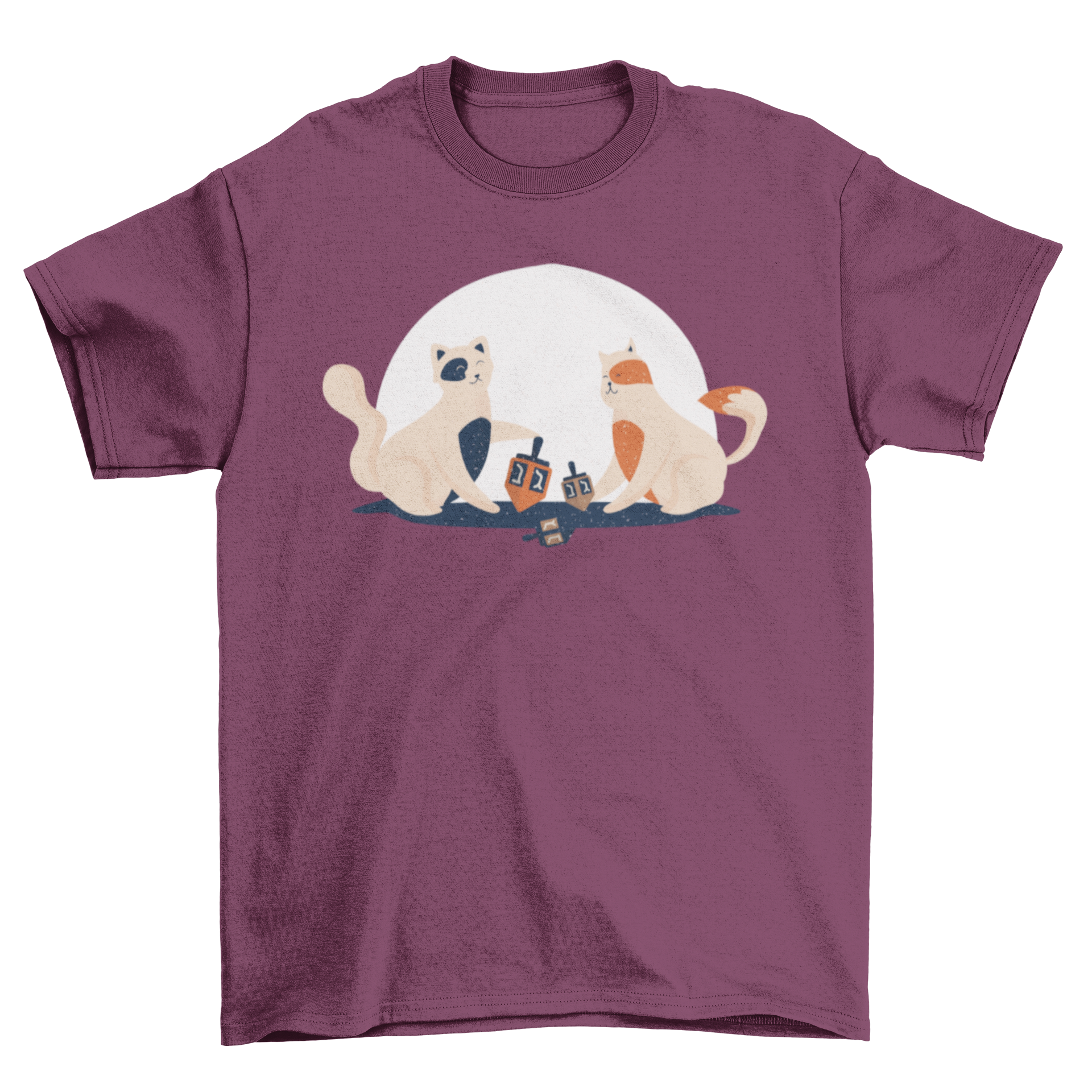 A playful T-shirt design featuring two cute kittens playing with colorful dreidels, perfect for cat lovers.
