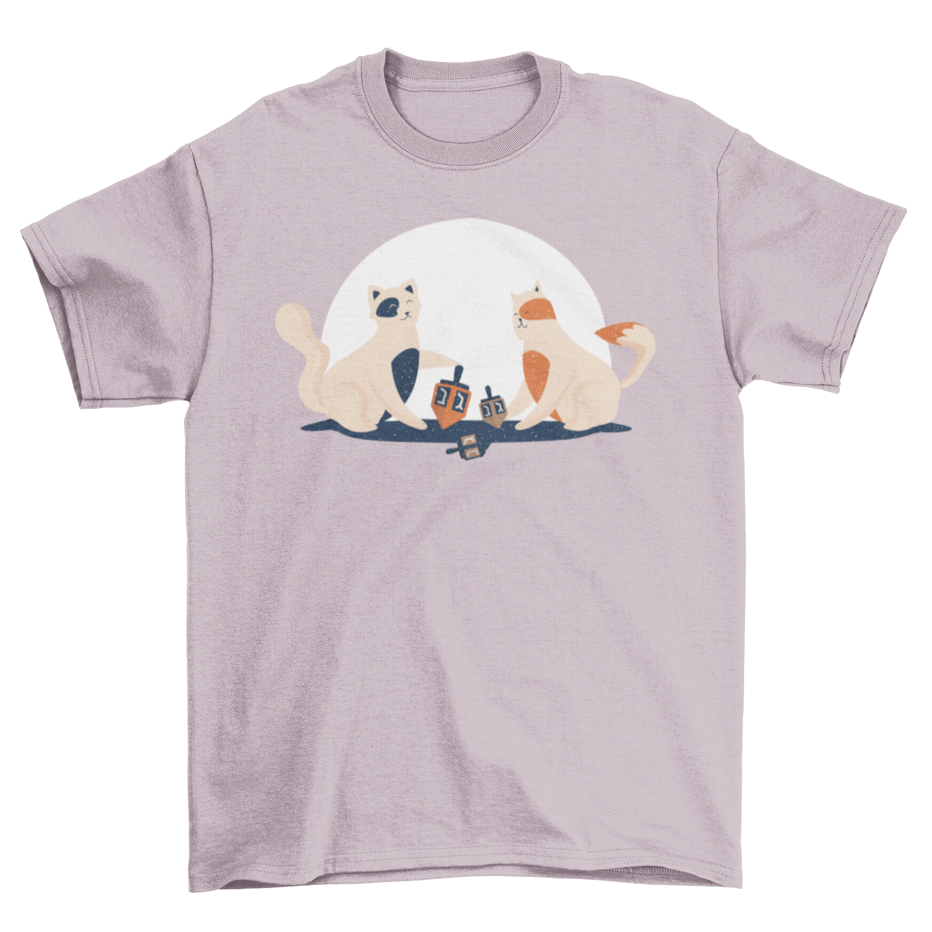 A playful T-shirt design featuring two cute kittens playing with colorful dreidels, perfect for cat lovers.