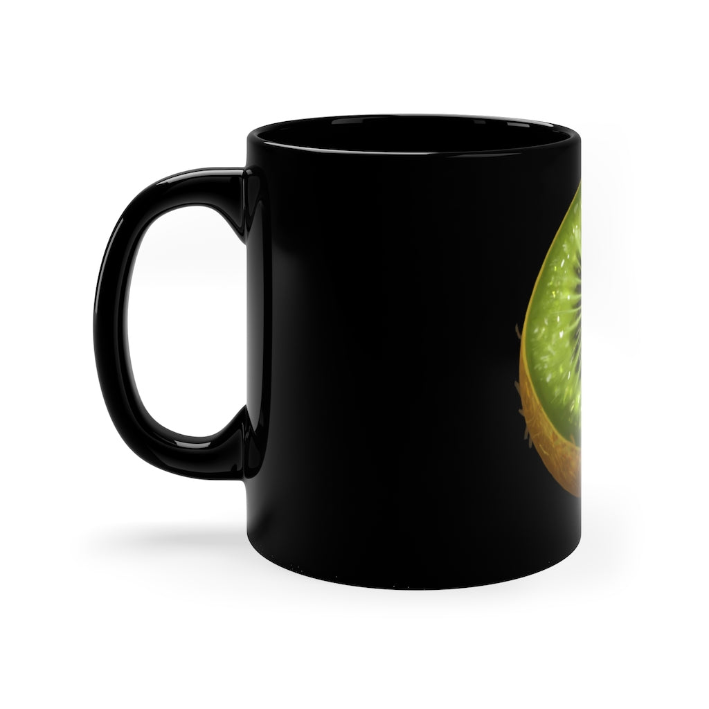 A sleek black ceramic mug with a C-handle, perfect for coffee, tea, or hot chocolate, showcasing its customizable design options.