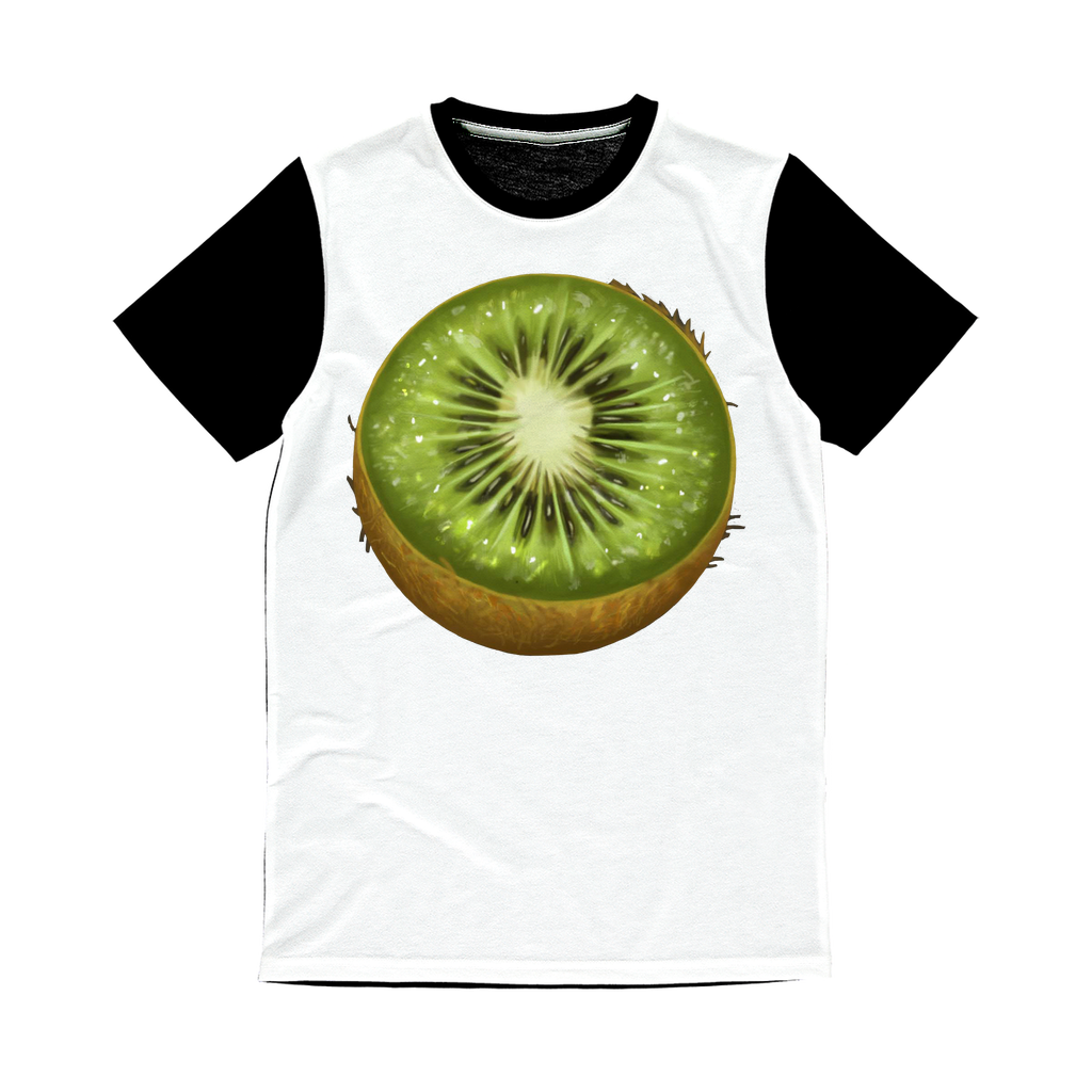 Kiwi Classic Sublimation Panel T-Shirt featuring a vibrant front design and a plain black back, ideal for sublimation printing.
