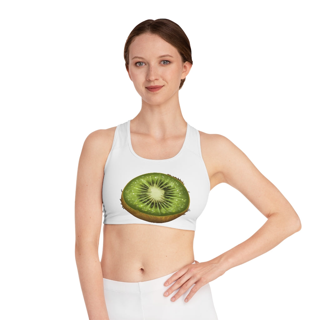 Kiwi Sports Bra featuring a customizable all-over print design, compression fit, and double-layer front for enhanced support and comfort.