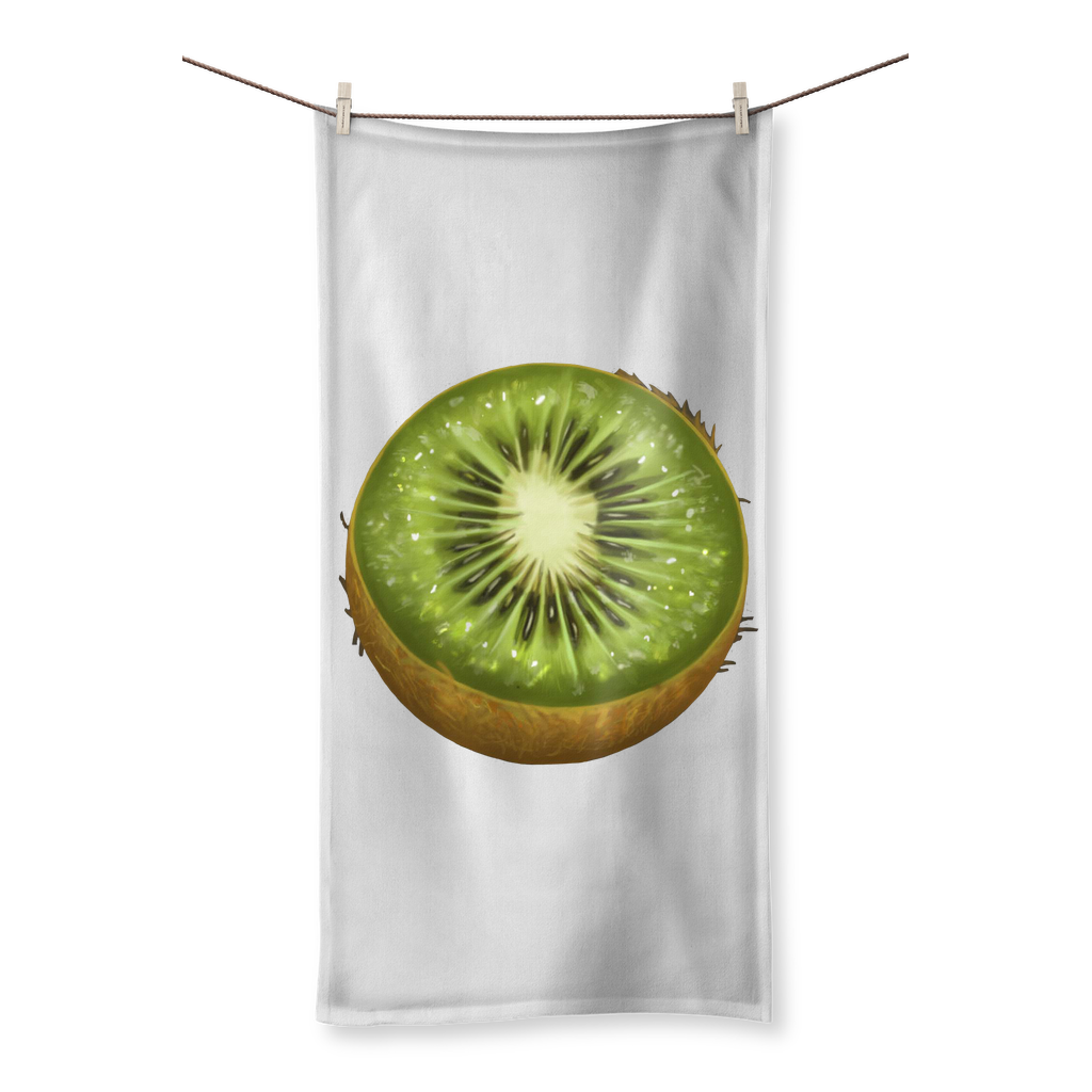 Kiwi Sublimation All Over Towel showcasing vibrant sublimation print on one side and soft cotton backing on the other.