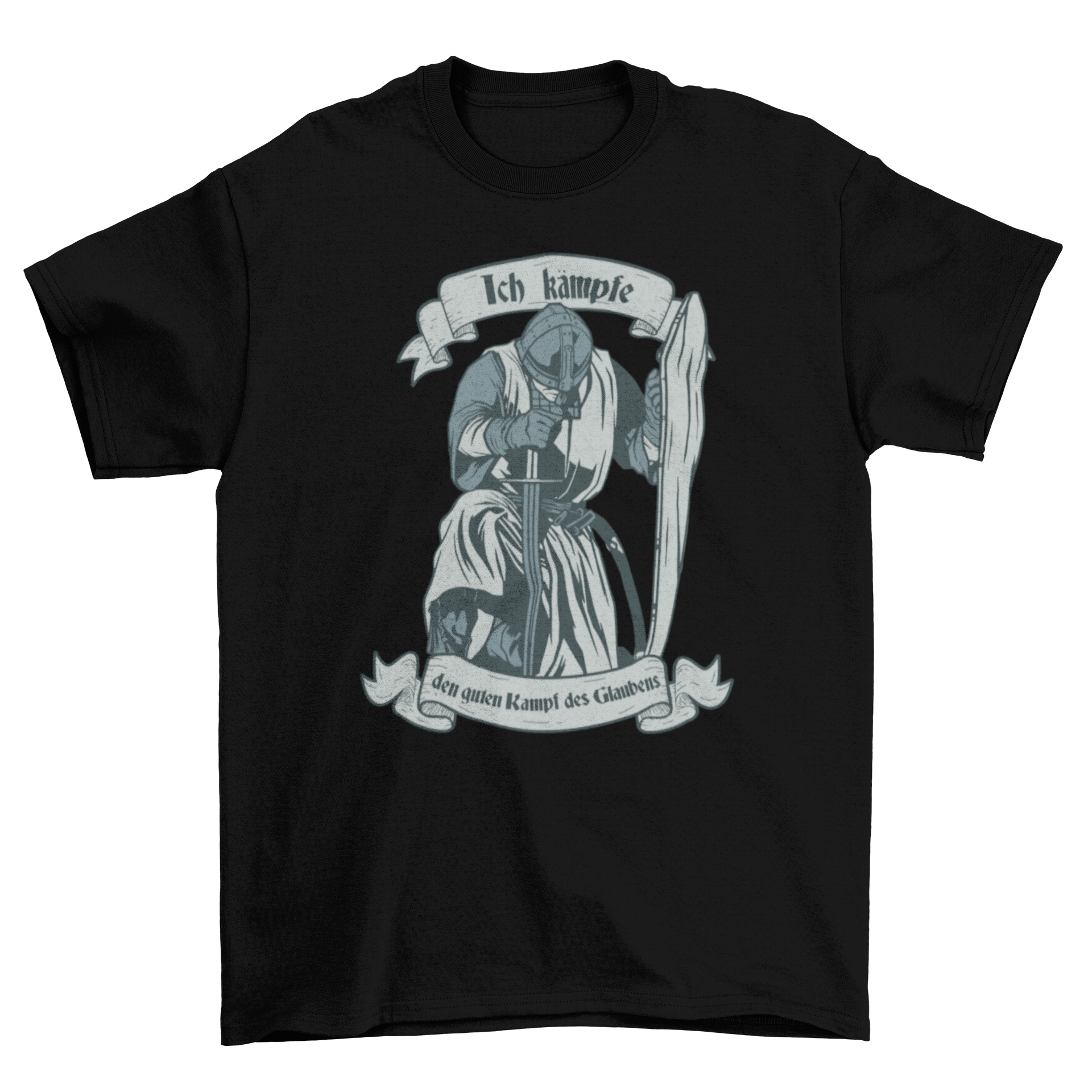 Knight German Quote T-shirt featuring a kneeling knight and German text, symbolizing faith and strength.
