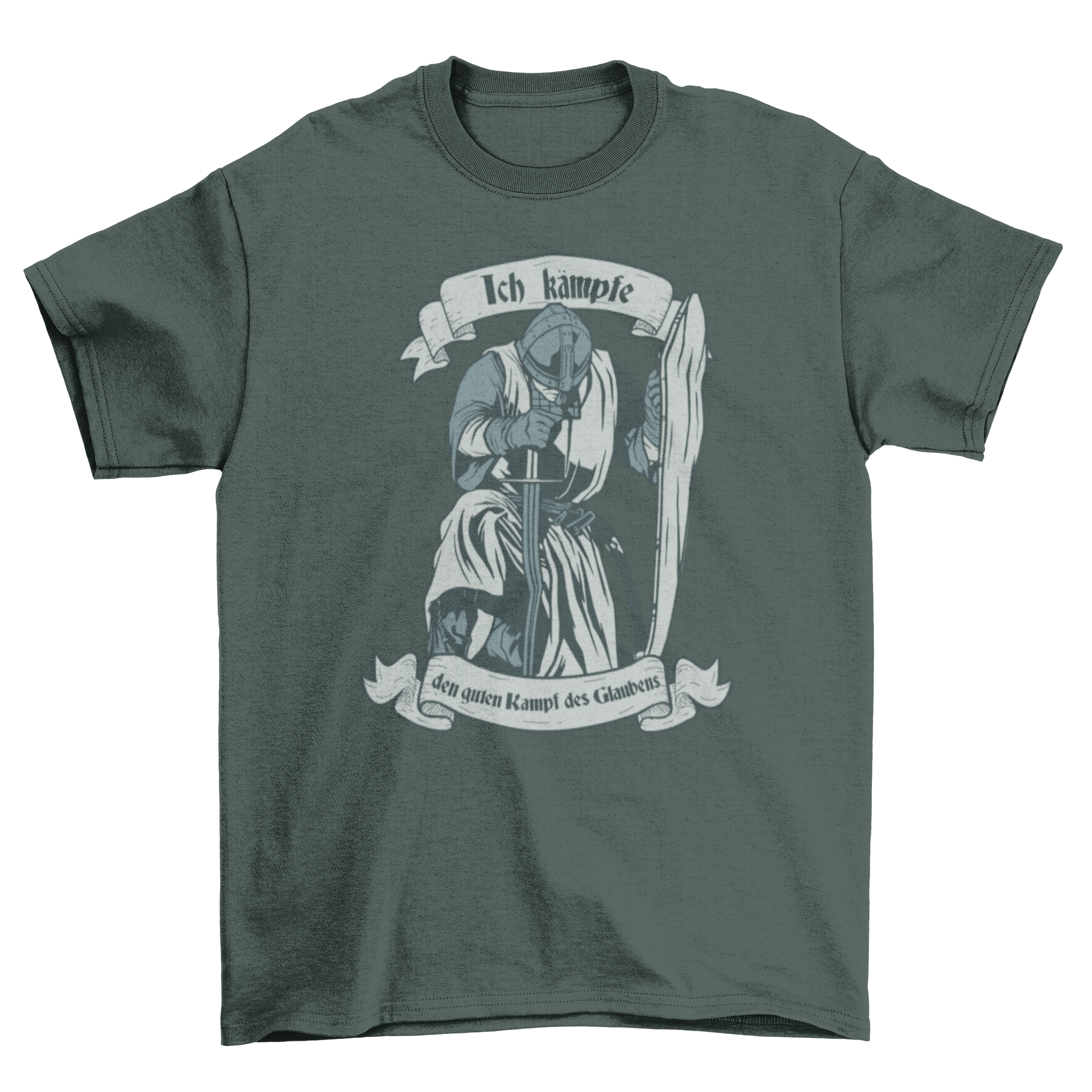 Knight German Quote T-shirt featuring a kneeling knight and German text, symbolizing faith and strength.