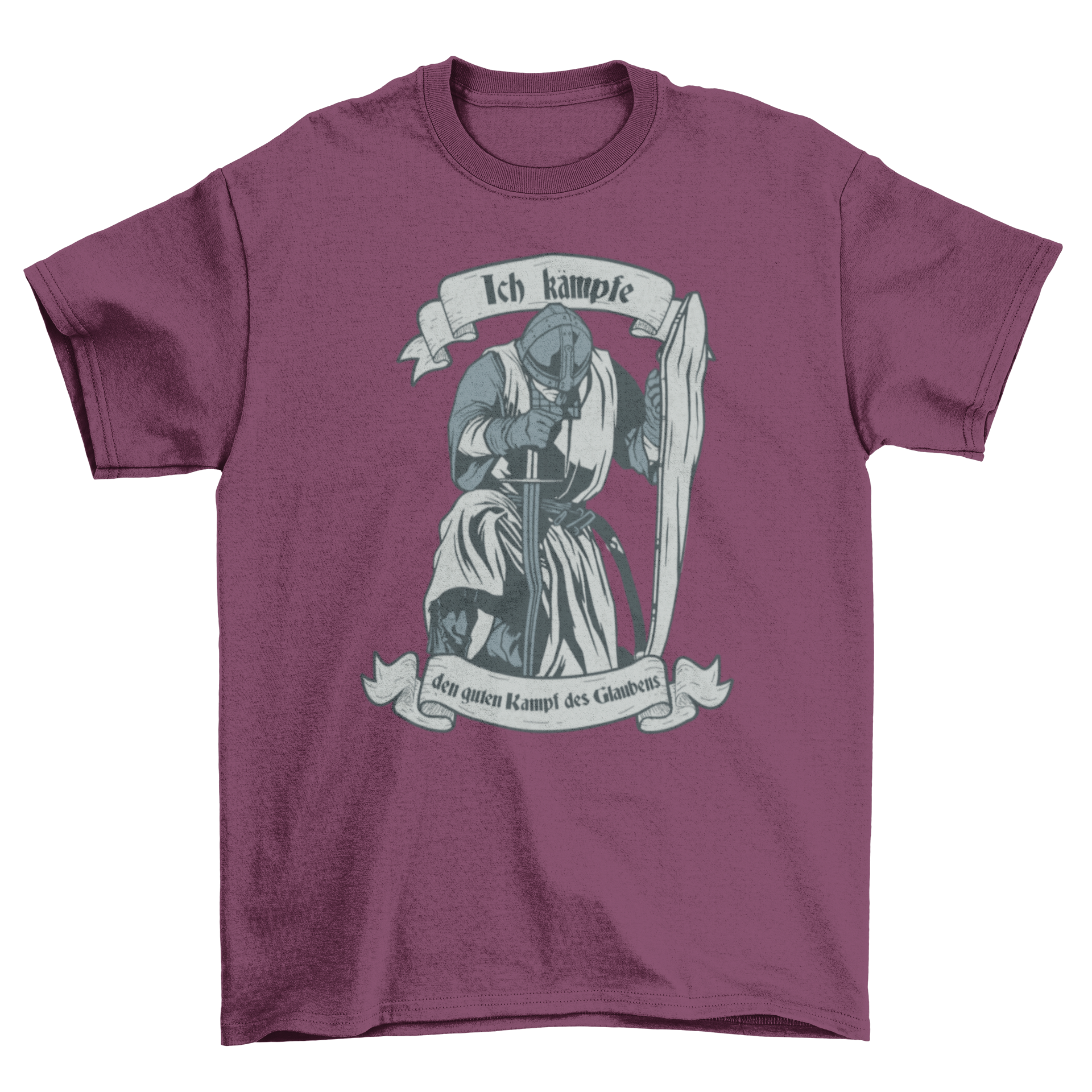 Knight German Quote T-shirt featuring a kneeling knight and German text, symbolizing faith and strength.