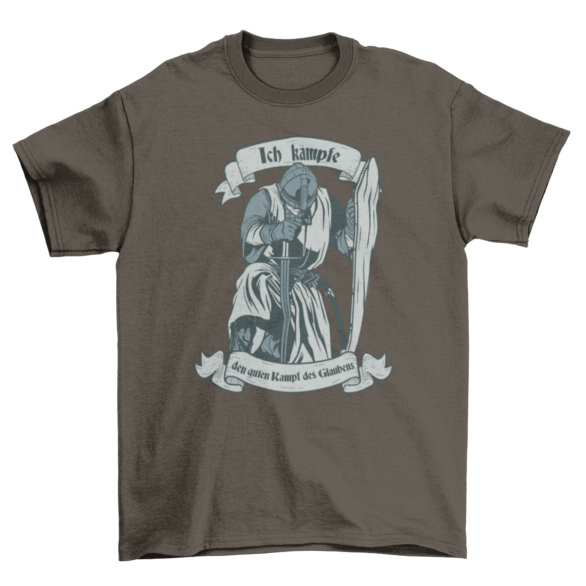 Knight German Quote T-shirt featuring a kneeling knight and German text, symbolizing faith and strength.