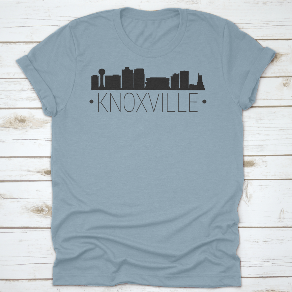 A stylish t-shirt featuring the silhouette of the Knoxville Tennessee skyline, showcasing iconic buildings and landmarks.