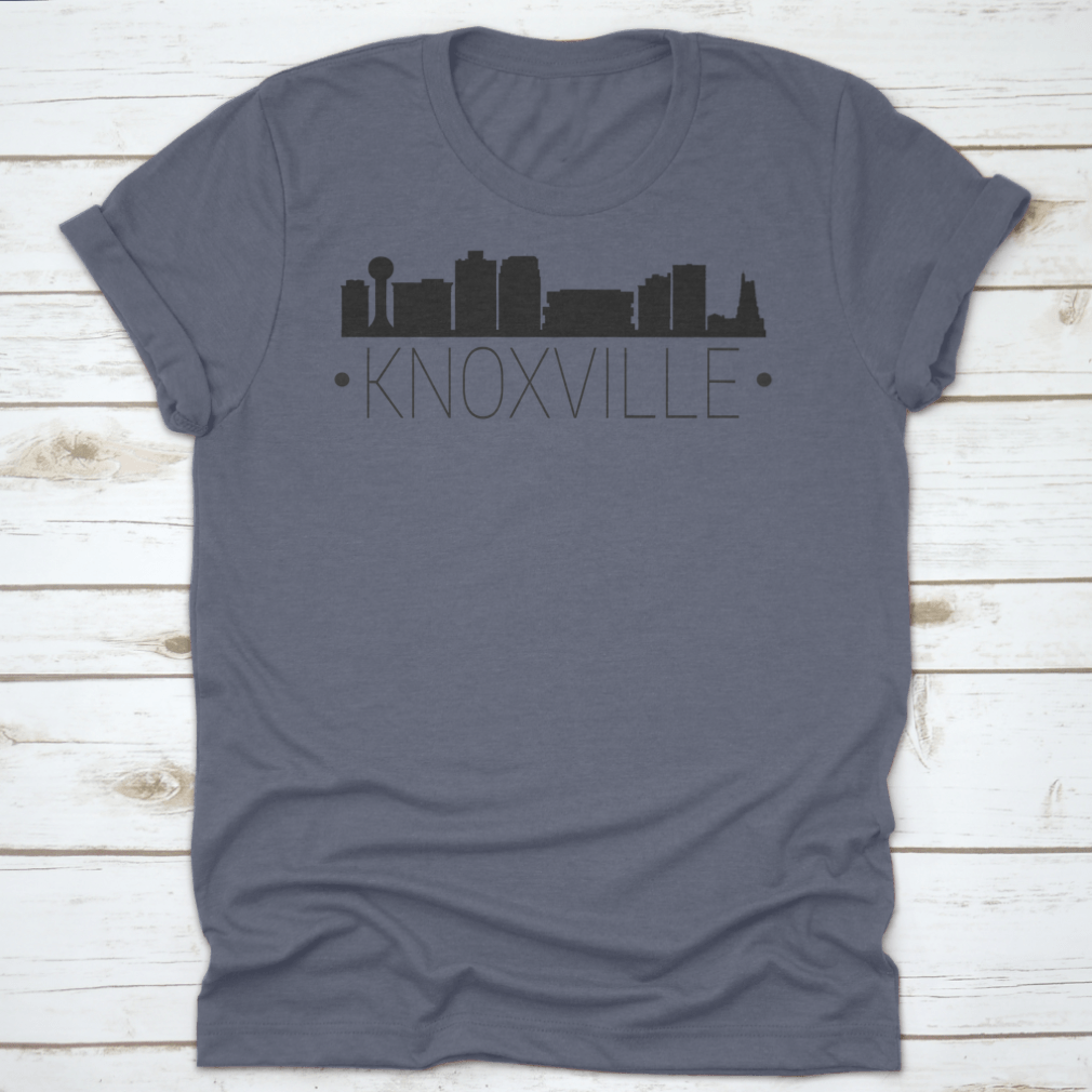 A stylish t-shirt featuring the silhouette of the Knoxville Tennessee skyline, showcasing iconic buildings and landmarks.