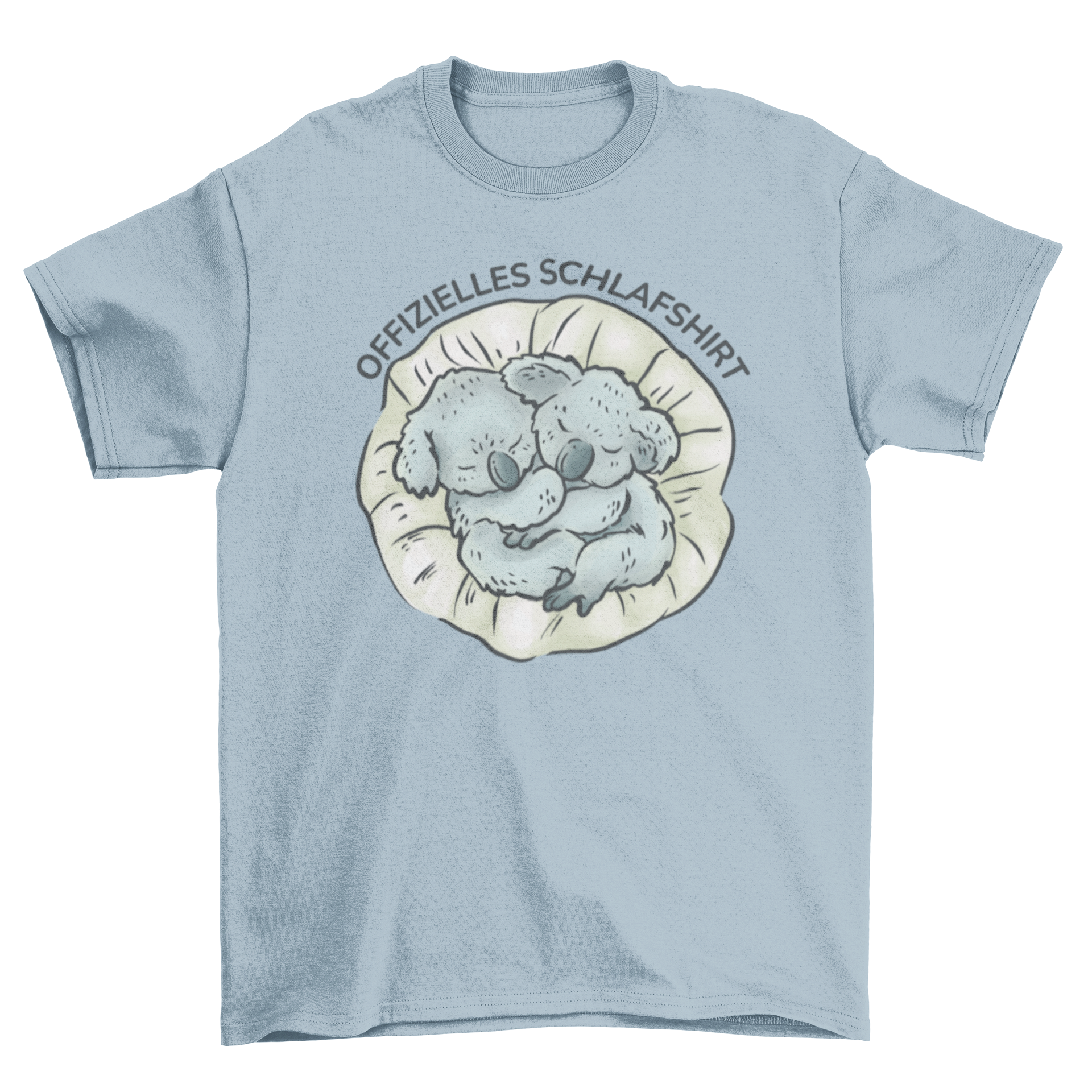 A cute t-shirt featuring two koalas hugging and sleeping, with a German quote that means 'Official sleep shirt'.