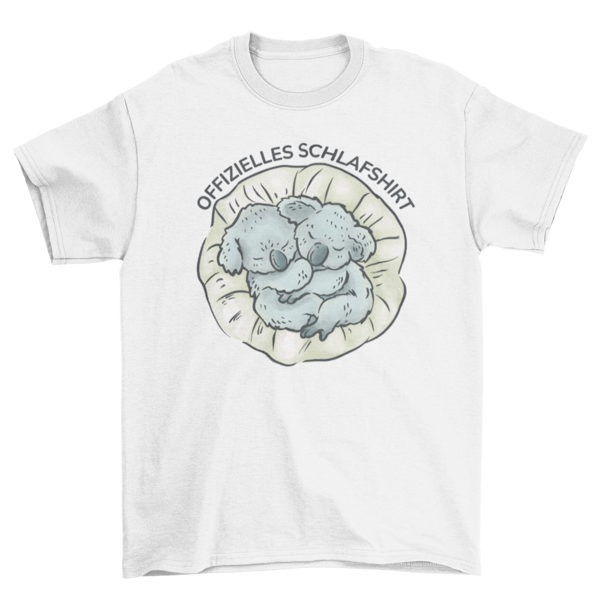 A cute t-shirt featuring two koalas hugging and sleeping, with a German quote that means 'Official sleep shirt'.