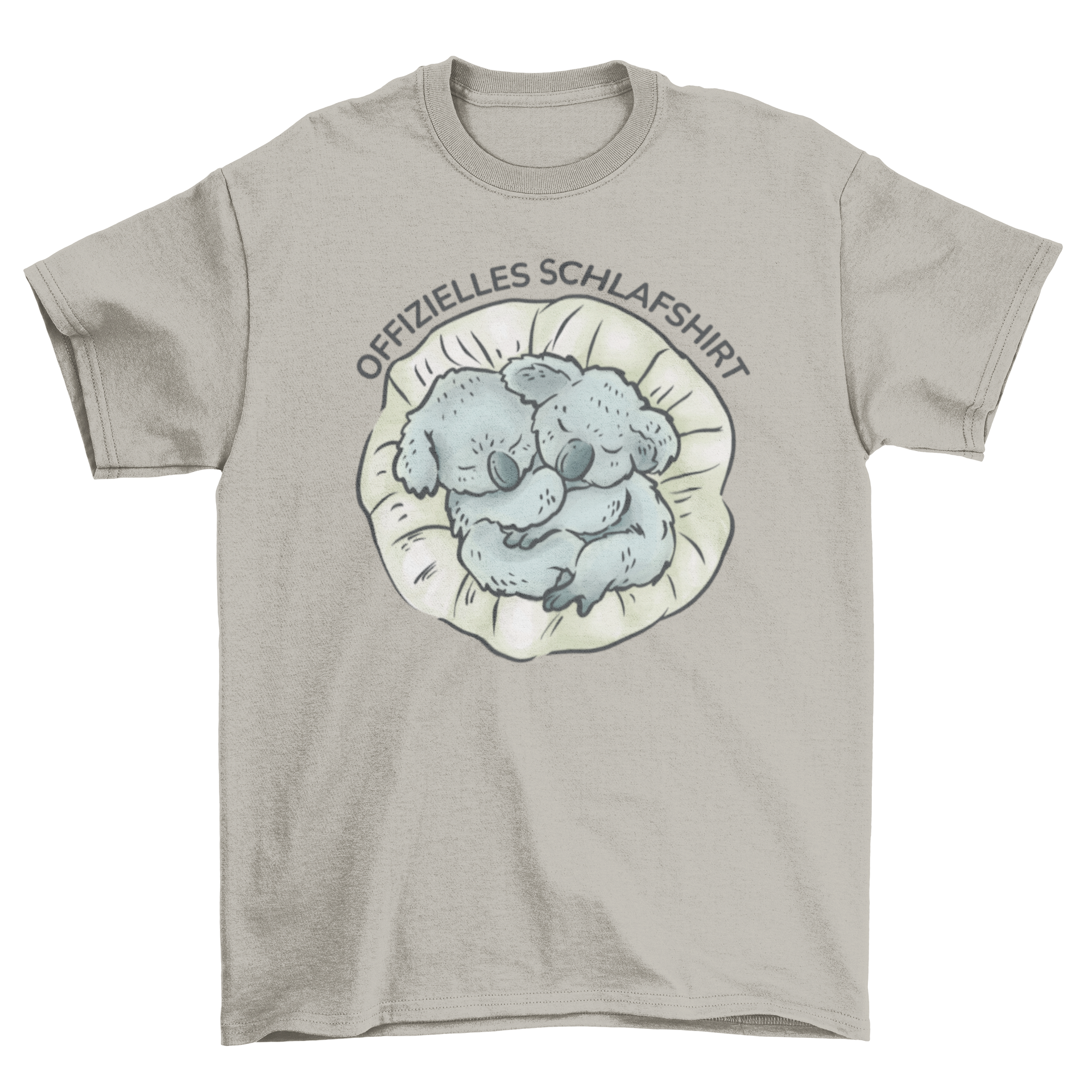 A cute t-shirt featuring two koalas hugging and sleeping, with a German quote that means 'Official sleep shirt'.