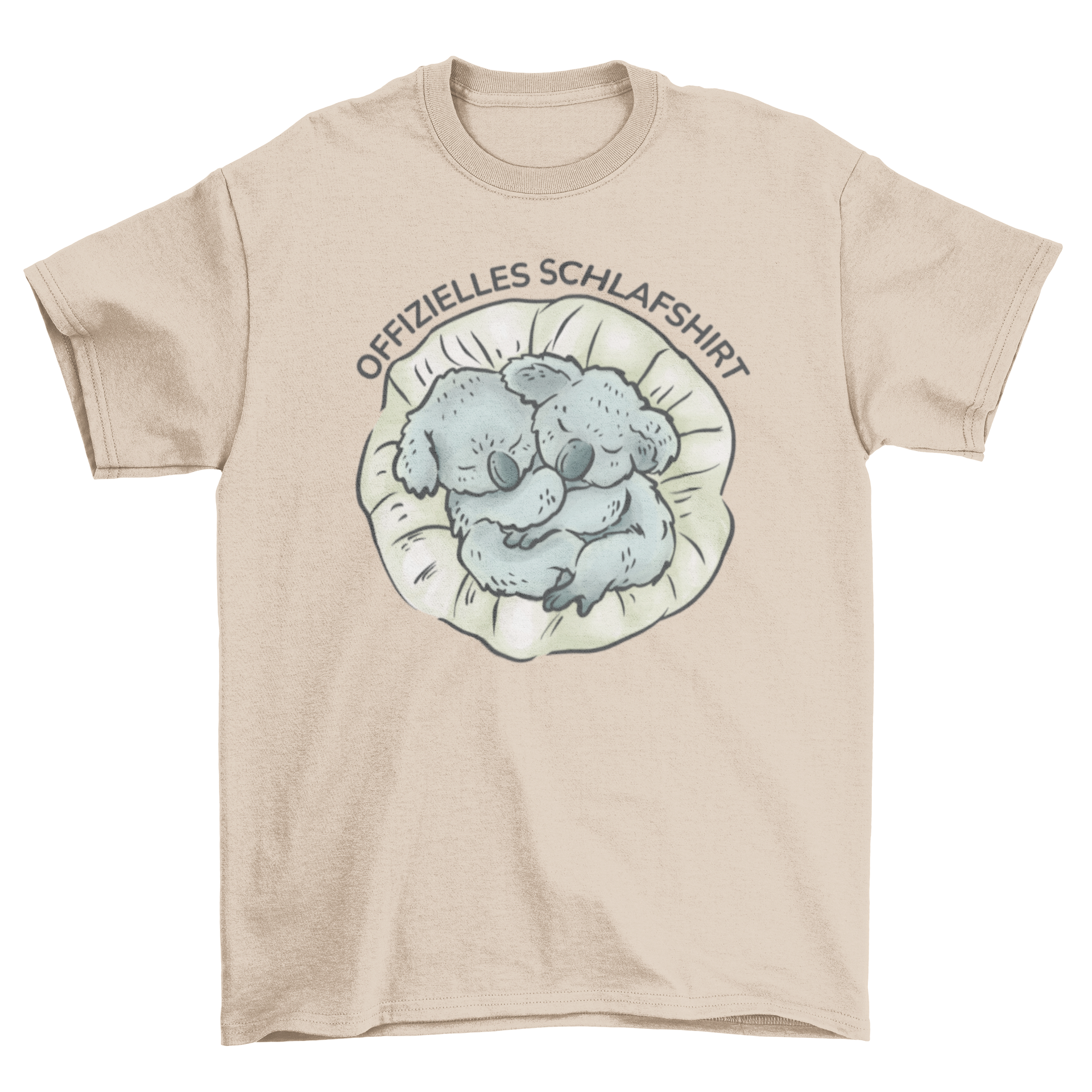 A cute t-shirt featuring two koalas hugging and sleeping, with a German quote that means 'Official sleep shirt'.