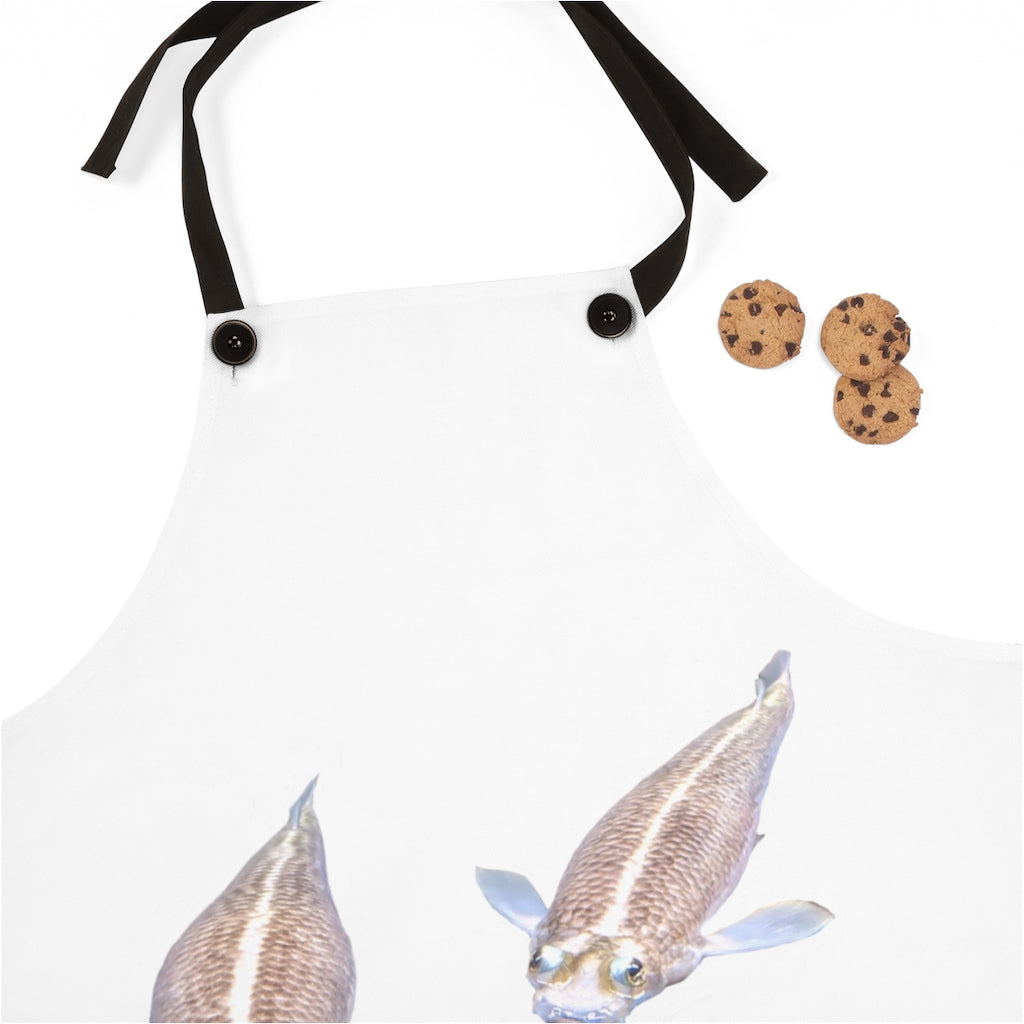 Koi Fish Apron featuring a vibrant design, lightweight polyester fabric, and black detachable twill straps, perfect for cooking.