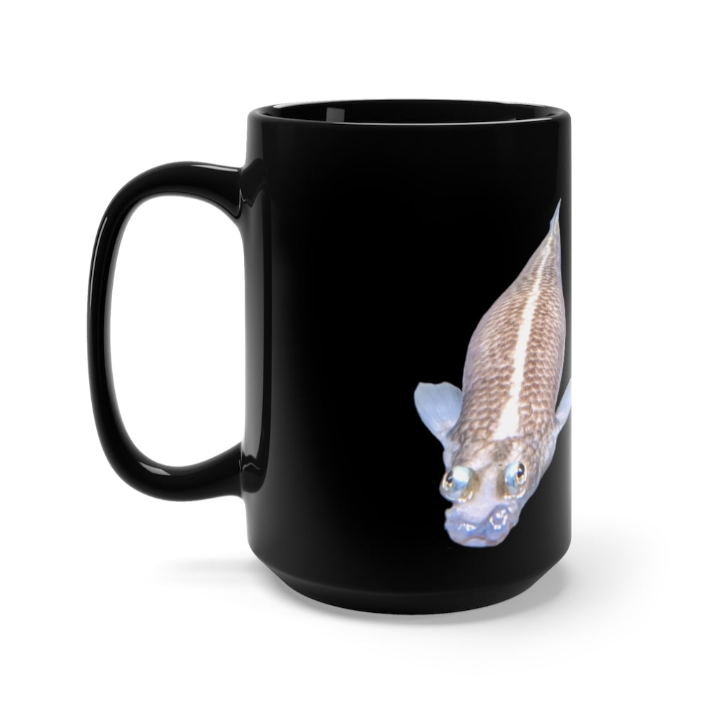 A stylish 15oz black ceramic mug featuring a Koi fish design, perfect for coffee and tea lovers.