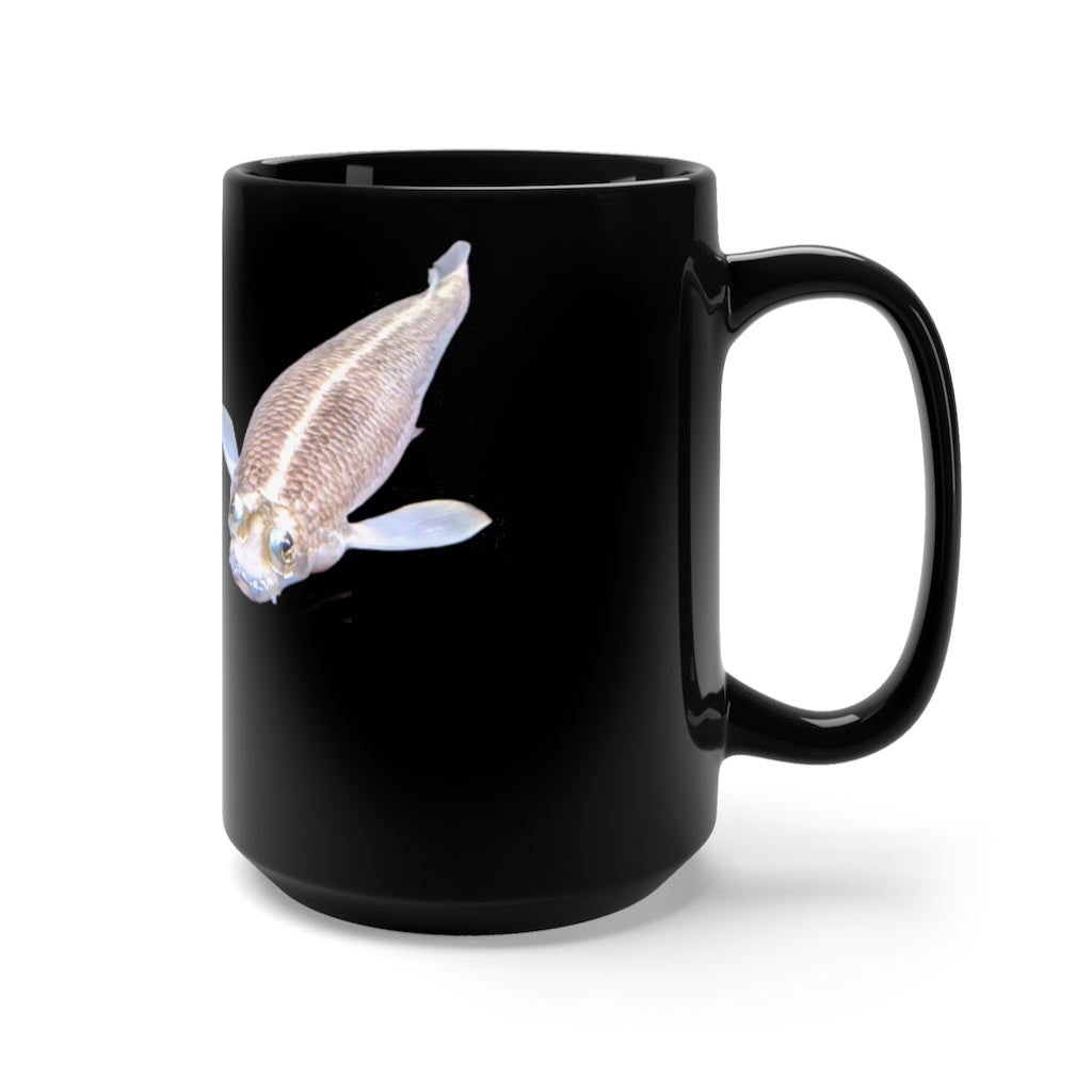 A stylish 15oz black ceramic mug featuring a Koi fish design, perfect for coffee and tea lovers.