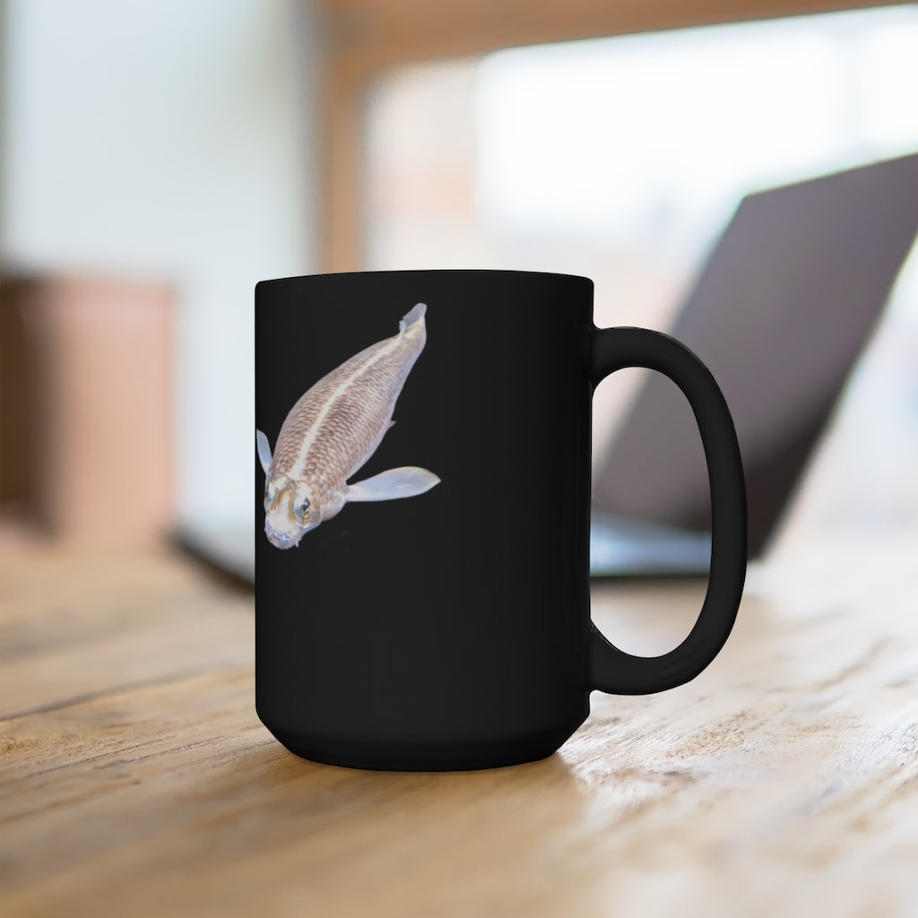 A stylish 15oz black ceramic mug featuring a Koi fish design, perfect for coffee and tea lovers.