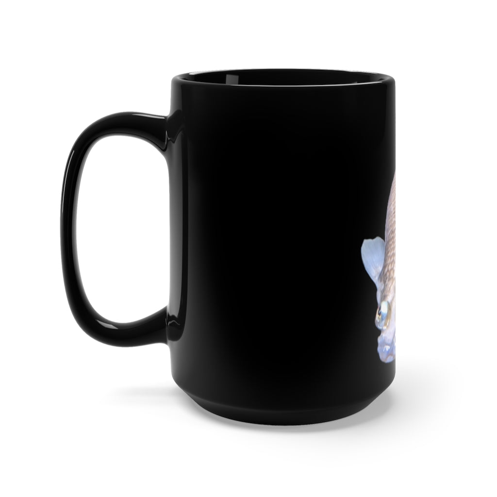 A stylish 15oz black ceramic mug featuring a vibrant Koi Fish design, perfect for coffee and tea lovers.