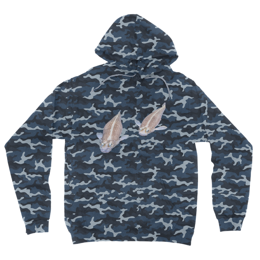 Koi Fish Camouflage Adult Hoodie featuring a unique camo design with a double fabric hood and kangaroo pouch pocket.