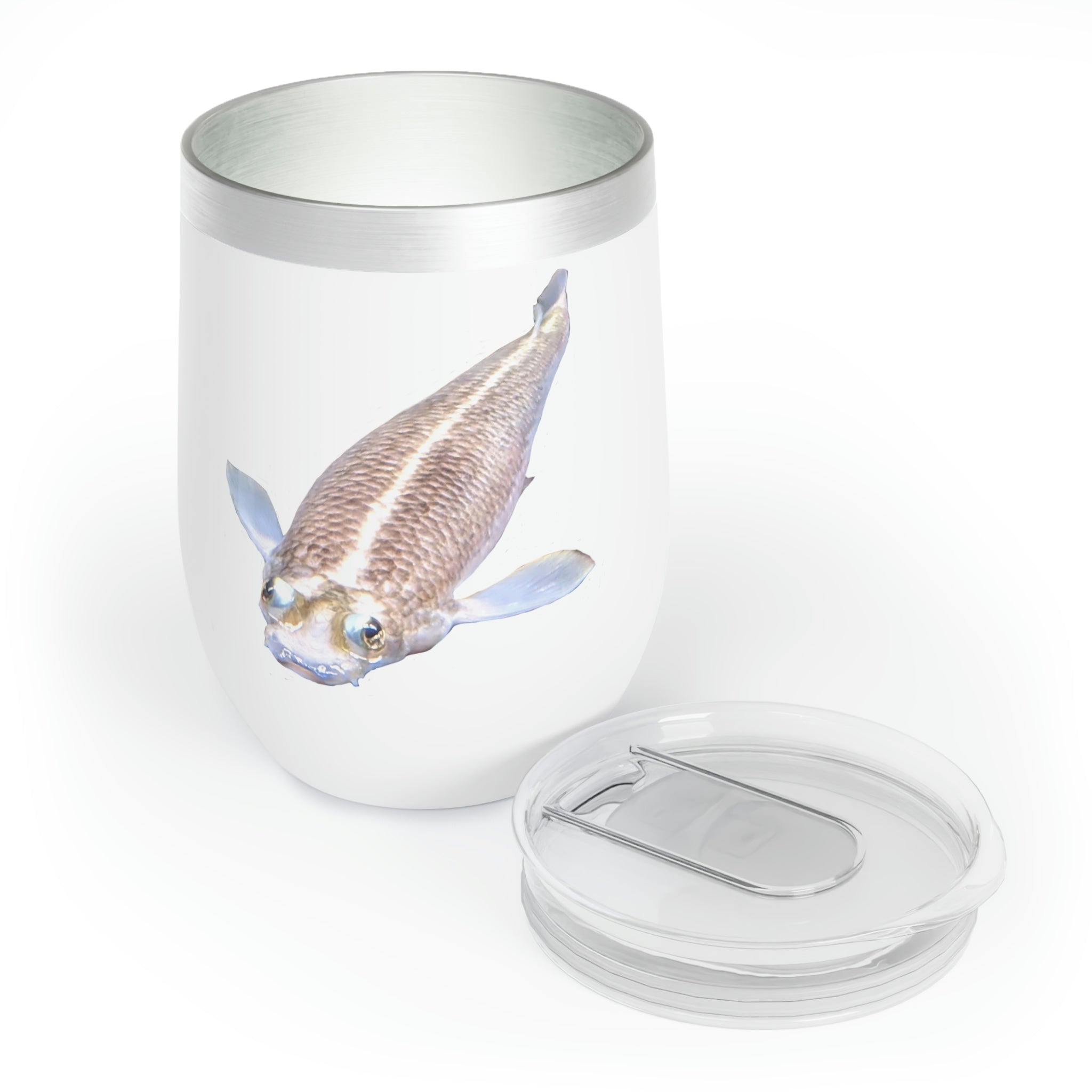 Koi Fish Chill Wine Tumbler showcasing a vibrant Koi fish design on a stainless steel body, perfect for wine lovers.