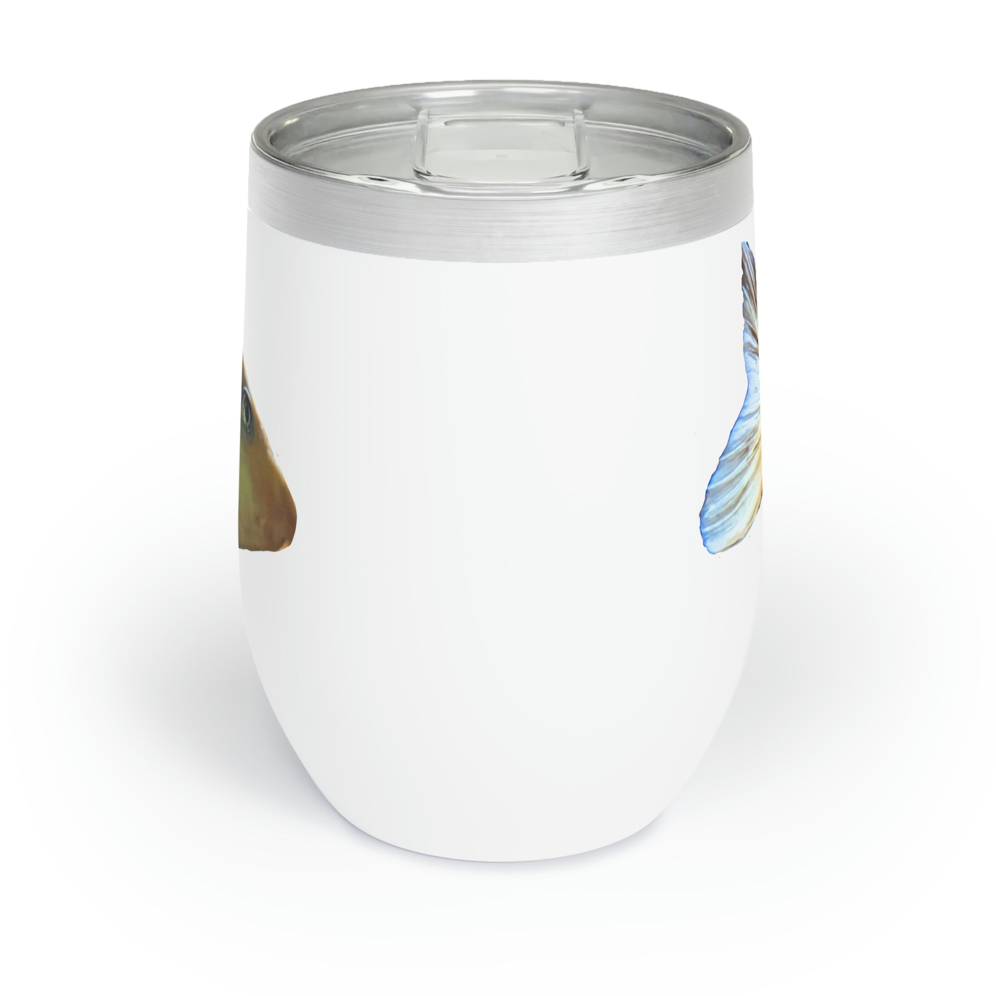 Koi Fish Chill Wine Tumbler featuring a vibrant koi fish design, double-insulated stainless steel, and a sleek stemless shape.