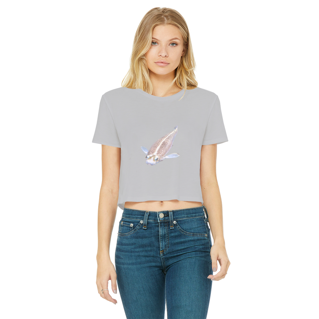 Koi Fish Classic Women's Cropped Raw Edge T-Shirt featuring a round neck and raw edge hem in a stylish design.