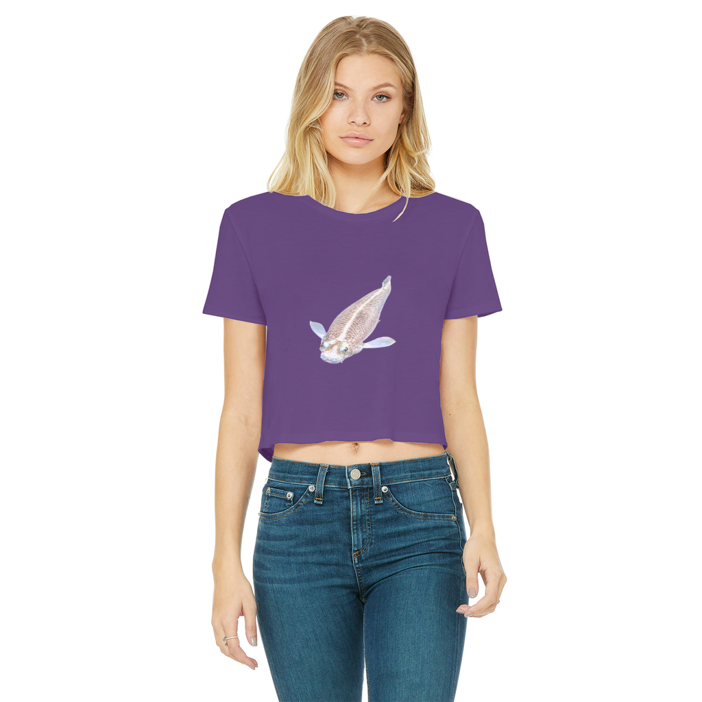 Koi Fish Classic Women's Cropped Raw Edge T-Shirt featuring a round neck and raw edge hem in a stylish design.