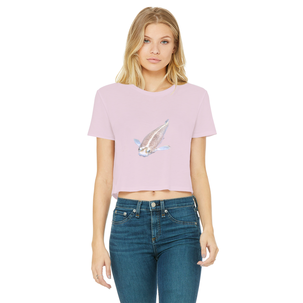 Koi Fish Classic Women's Cropped Raw Edge T-Shirt featuring a round neck and raw edge hem in a stylish design.