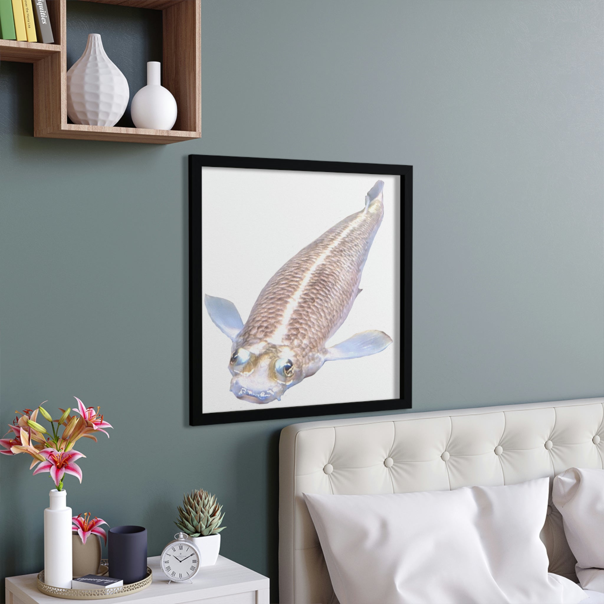 A beautifully framed Koi Fish poster with vibrant colors and a hand-crafted wooden frame, perfect for home decor.