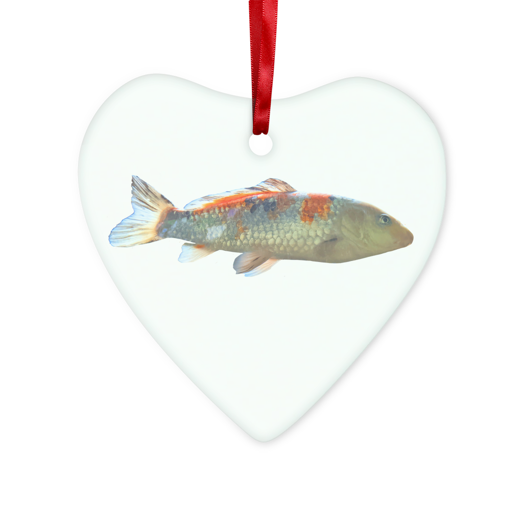 A beautifully crafted Koi Fish Glass Hanging Ornament in round and heart shapes, featuring vibrant colors and a red ribbon for hanging.