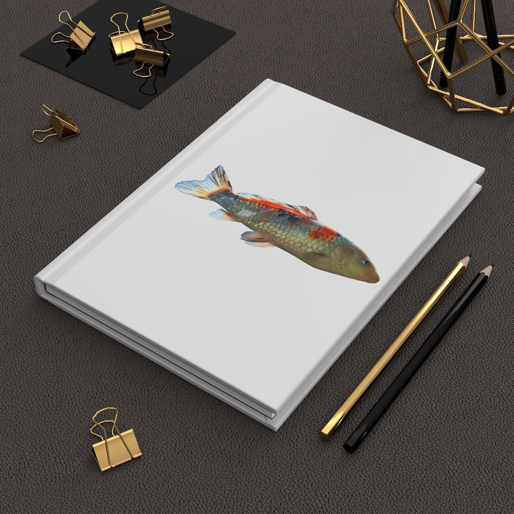 Koi Fish Hardcover Journal with matte finish, featuring a vibrant koi fish design on the cover and lined pages inside.