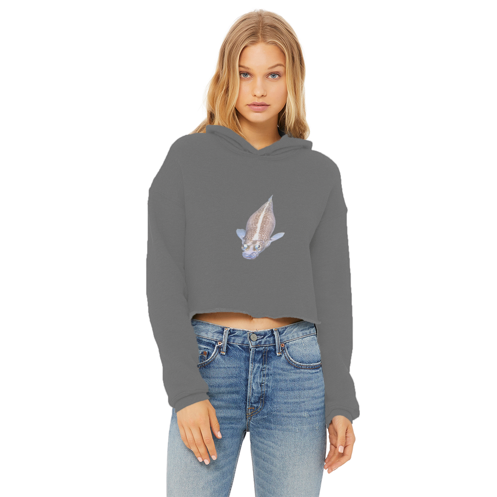 Koi Fish Ladies Cropped Raw Edge Hoodie showcasing its stylish cropped design and soft fabric.