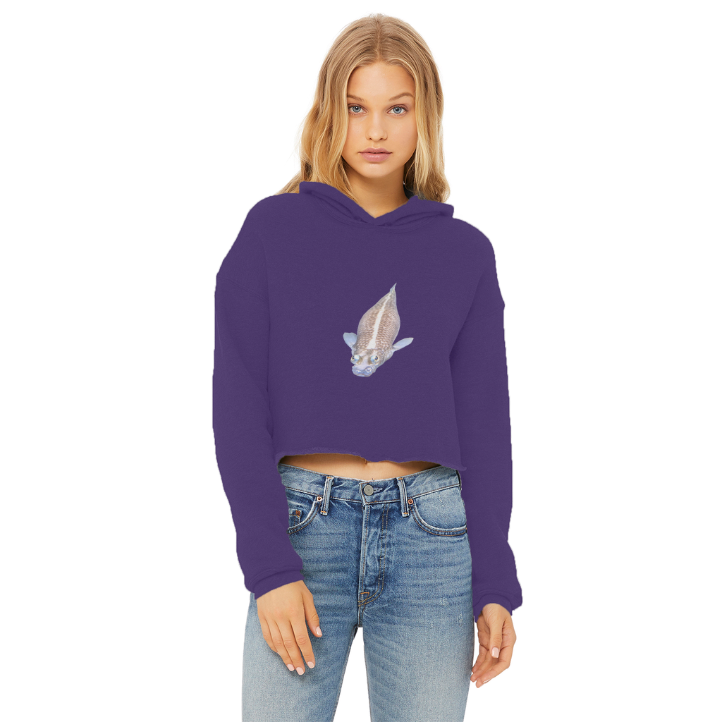 Koi Fish Ladies Cropped Raw Edge Hoodie showcasing its stylish cropped design and soft fabric.