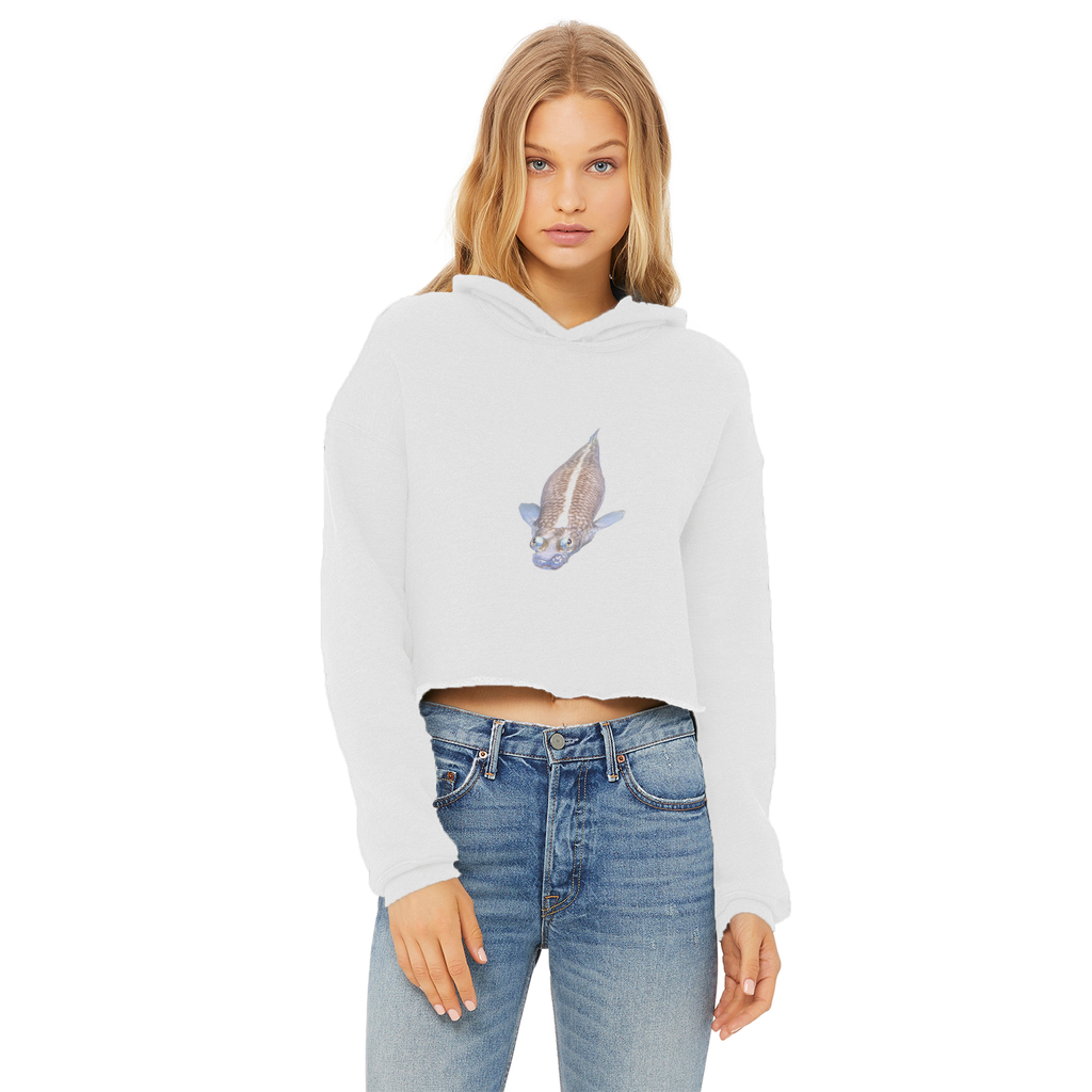 Koi Fish Ladies Cropped Raw Edge Hoodie showcasing its stylish cropped design and soft fabric.