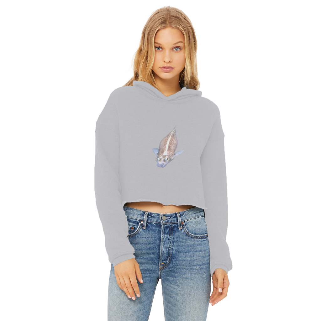Koi Fish Ladies Cropped Raw Edge Hoodie showcasing its stylish cropped design and soft fabric.