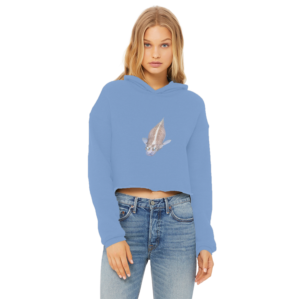 Koi Fish Ladies Cropped Raw Edge Hoodie showcasing its stylish cropped design and soft fabric.