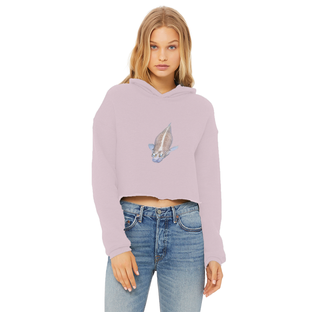 Koi Fish Ladies Cropped Raw Edge Hoodie showcasing its stylish cropped design and soft fabric.