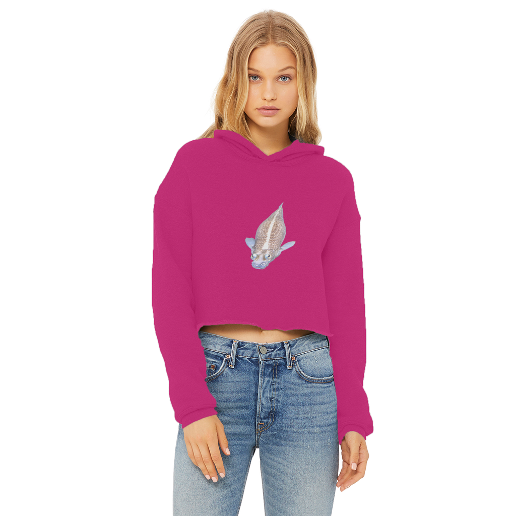 Koi Fish Ladies Cropped Raw Edge Hoodie showcasing its stylish cropped design and soft fabric.