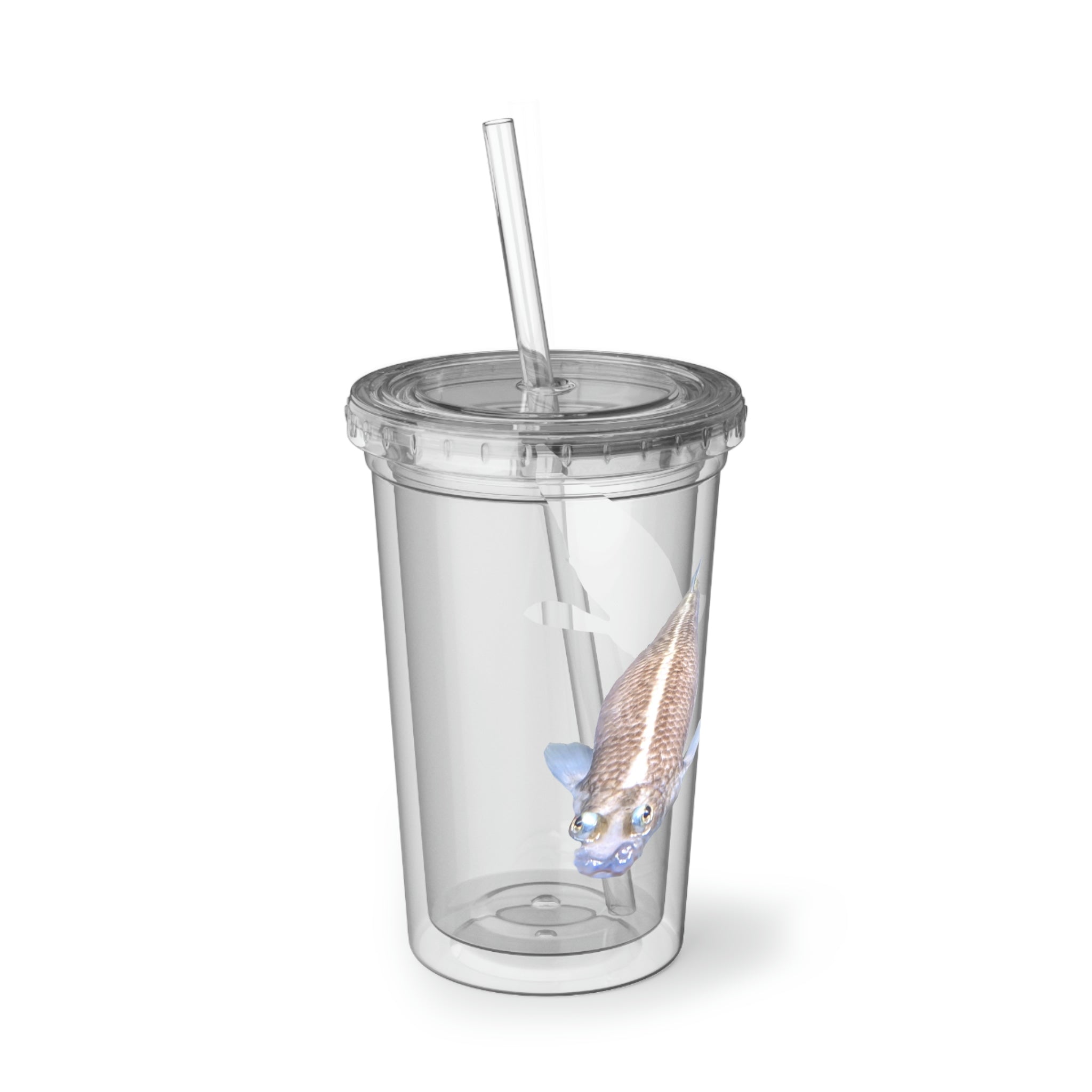 Koi Fish Suave Acrylic Cup with vibrant design and straw, showcasing double-wall insulation.