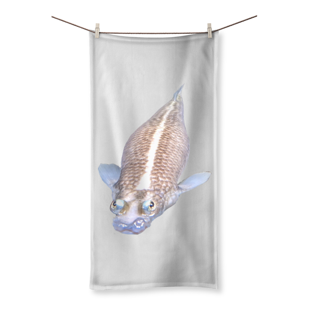 Koi Fish Sublimation All Over Towel showcasing vibrant koi designs on one side and soft cotton backing on the other.