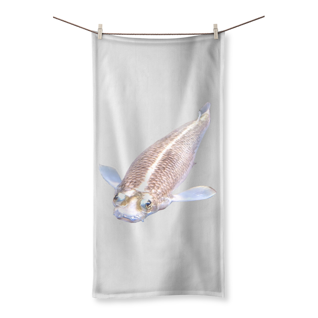 Koi Fish Sublimation All Over Towel showcasing vibrant colors and intricate design, with a soft cotton backing for drying.