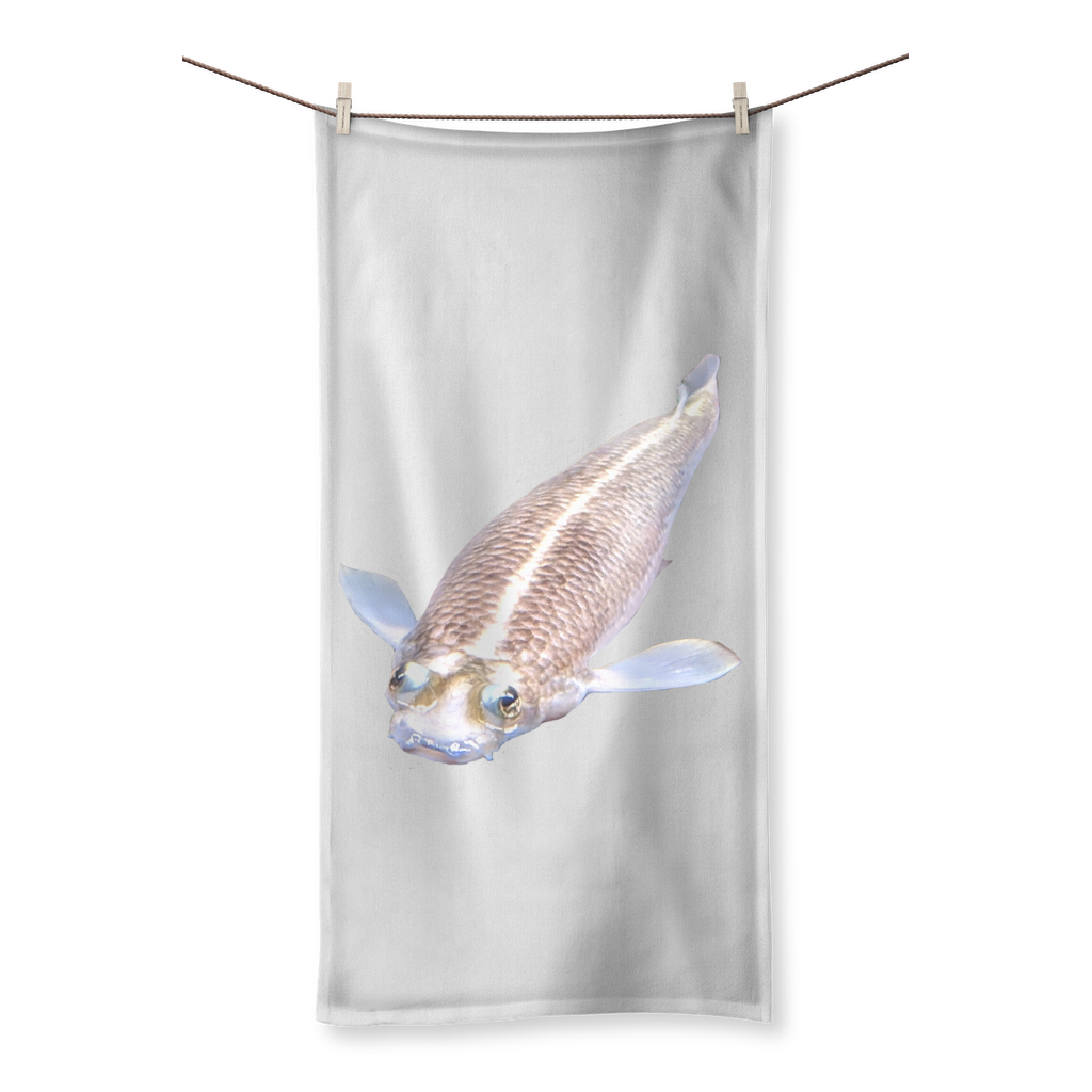 Koi Fish Sublimation All Over Towel showcasing vibrant colors and intricate design, with a soft cotton backing for drying.