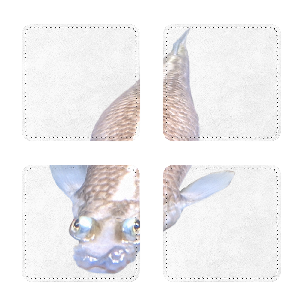 A pack of four Koi Fish sublimation coasters made from PU leather, featuring vibrant designs and white stitching.