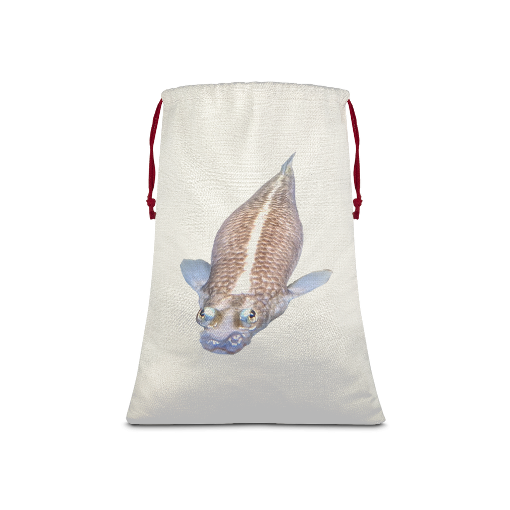 Koi Fish Sublimation Linen Drawstring Sack with red drawstring, featuring vibrant Koi fish design on a linen effect background.