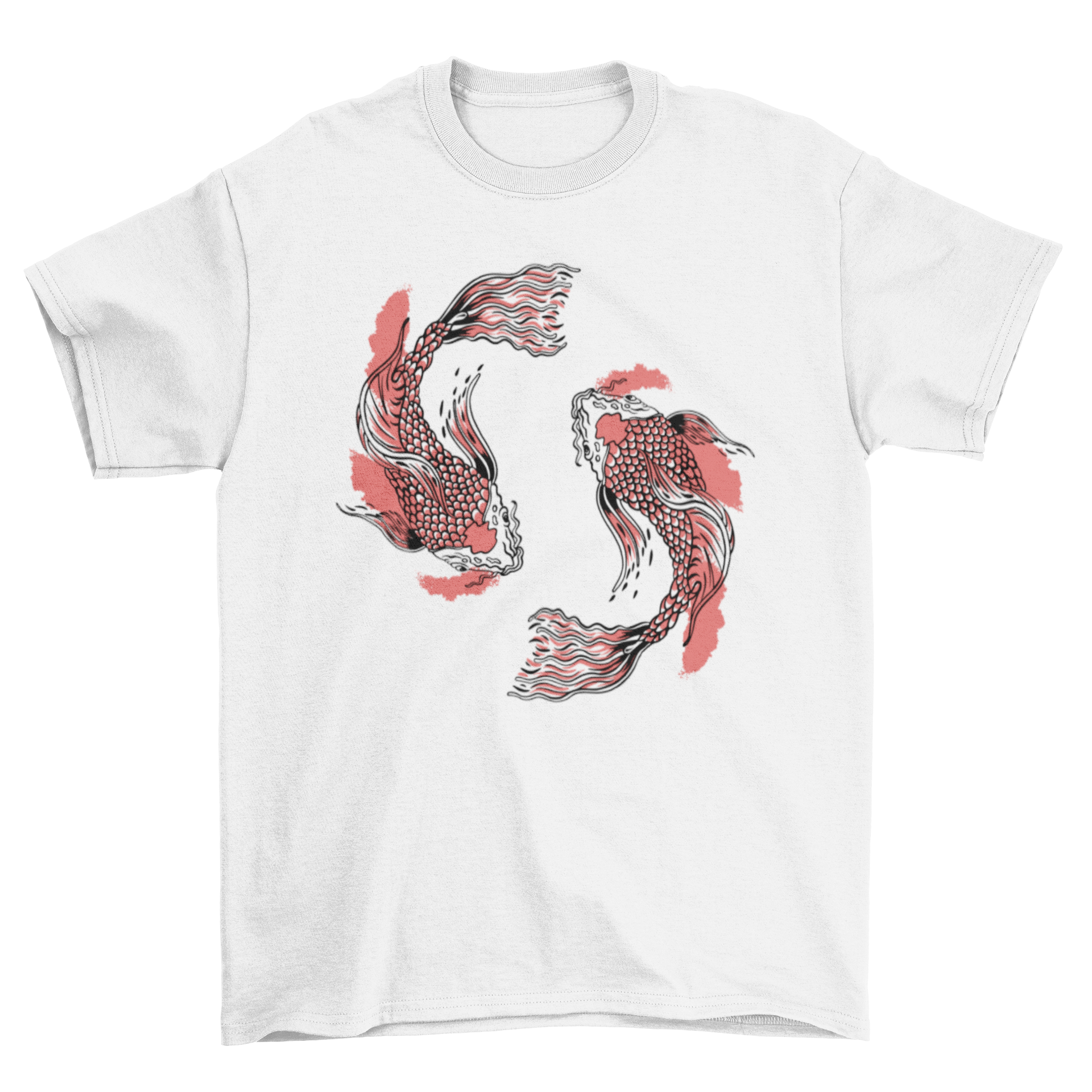 A stylish t-shirt featuring a vibrant design of two koi fish swimming in circles, showcasing intricate details and colors.
