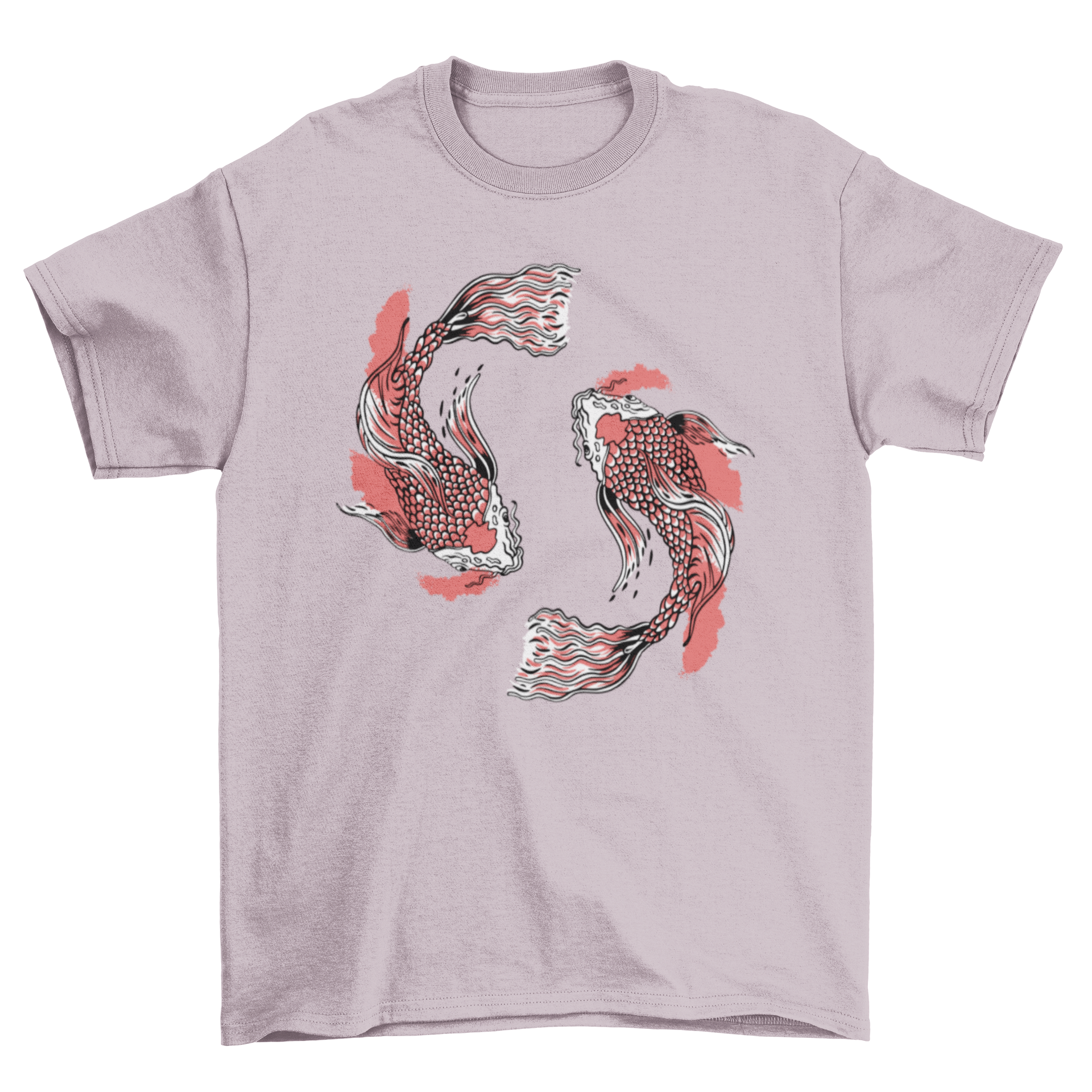 A stylish t-shirt featuring a vibrant design of two koi fish swimming in circles, showcasing intricate details and colors.