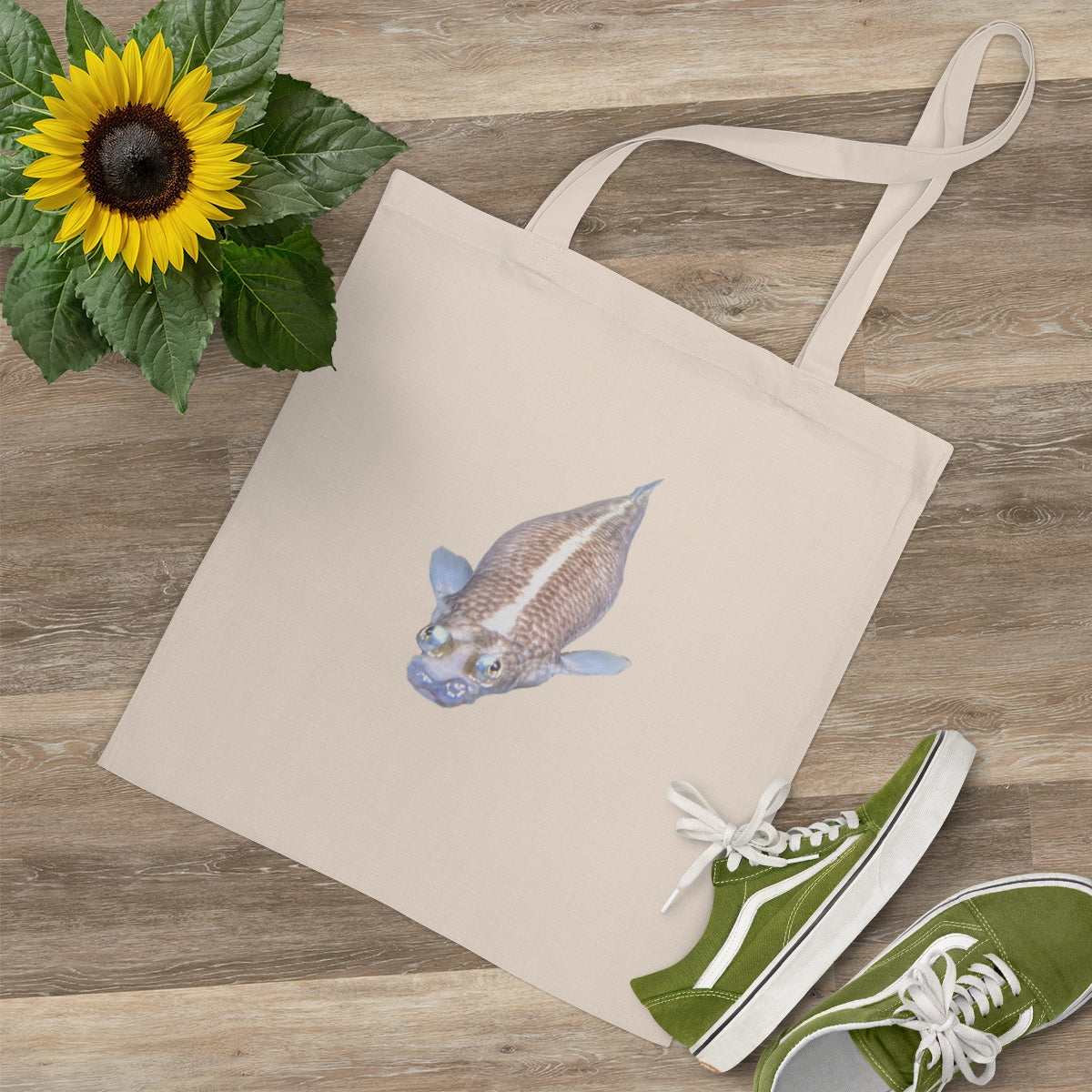 A vibrant Koi Fish Tote Bag made of 100% cotton with cross-stitched handles, showcasing a colorful koi fish design.